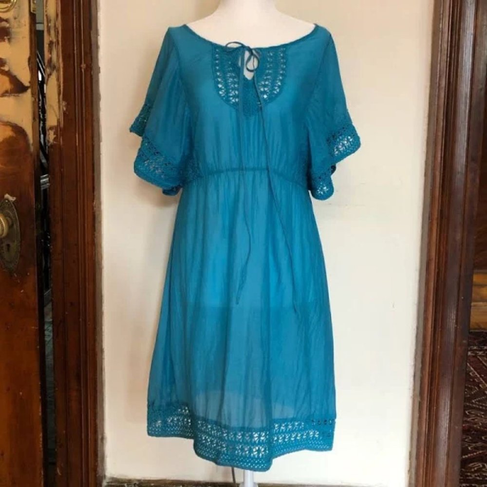 Anthropologie HD in Paris Crochet Turquoise Tunic Dress, Size 2